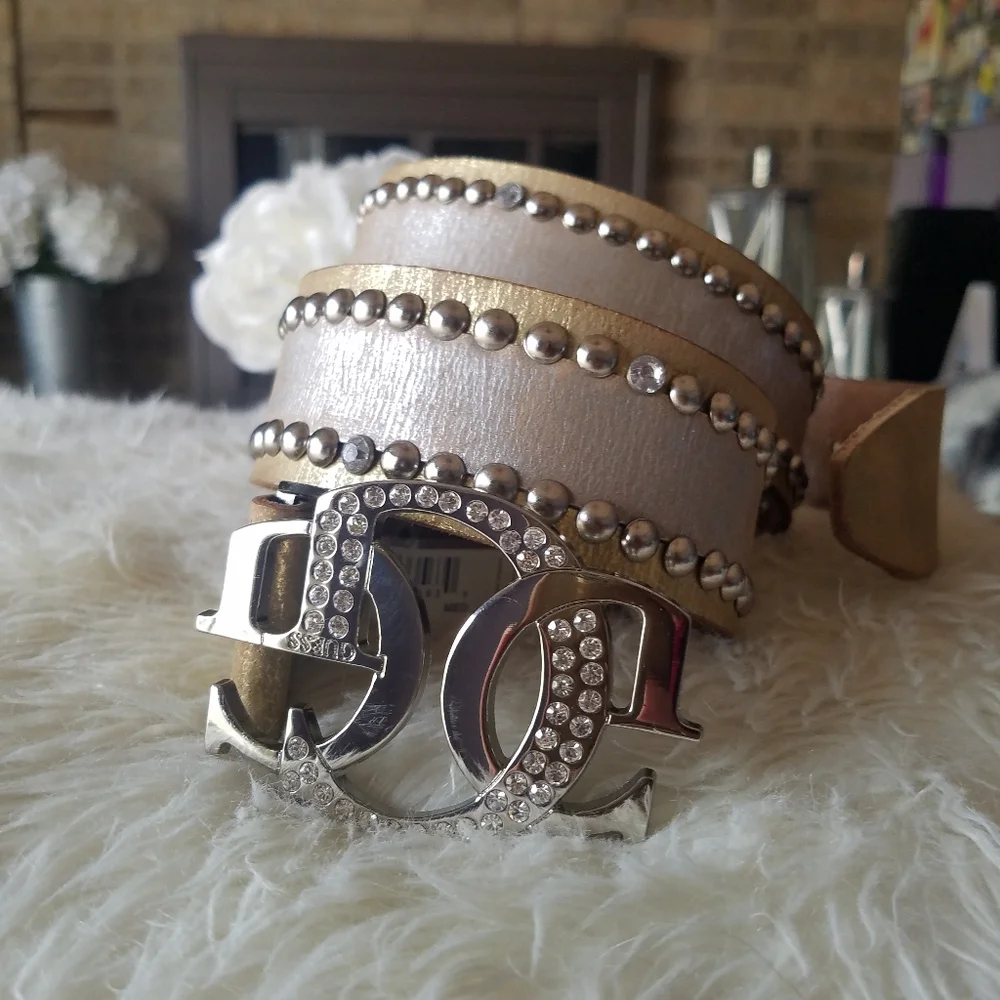 Guess Genuine Leather Gold & Silver Metallic Studded belt with Silver Buckle NEW
